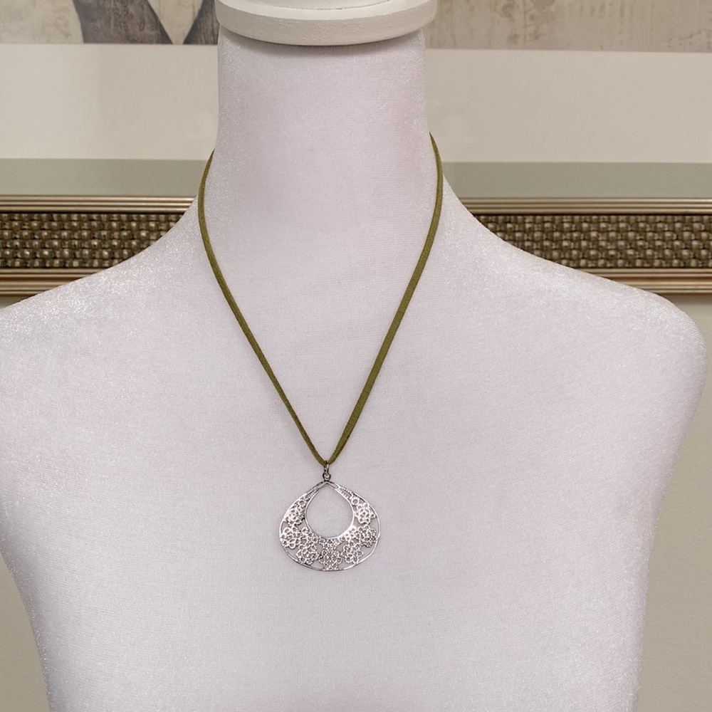 Leather and Silver Floral Pendant Necklace Adjustable